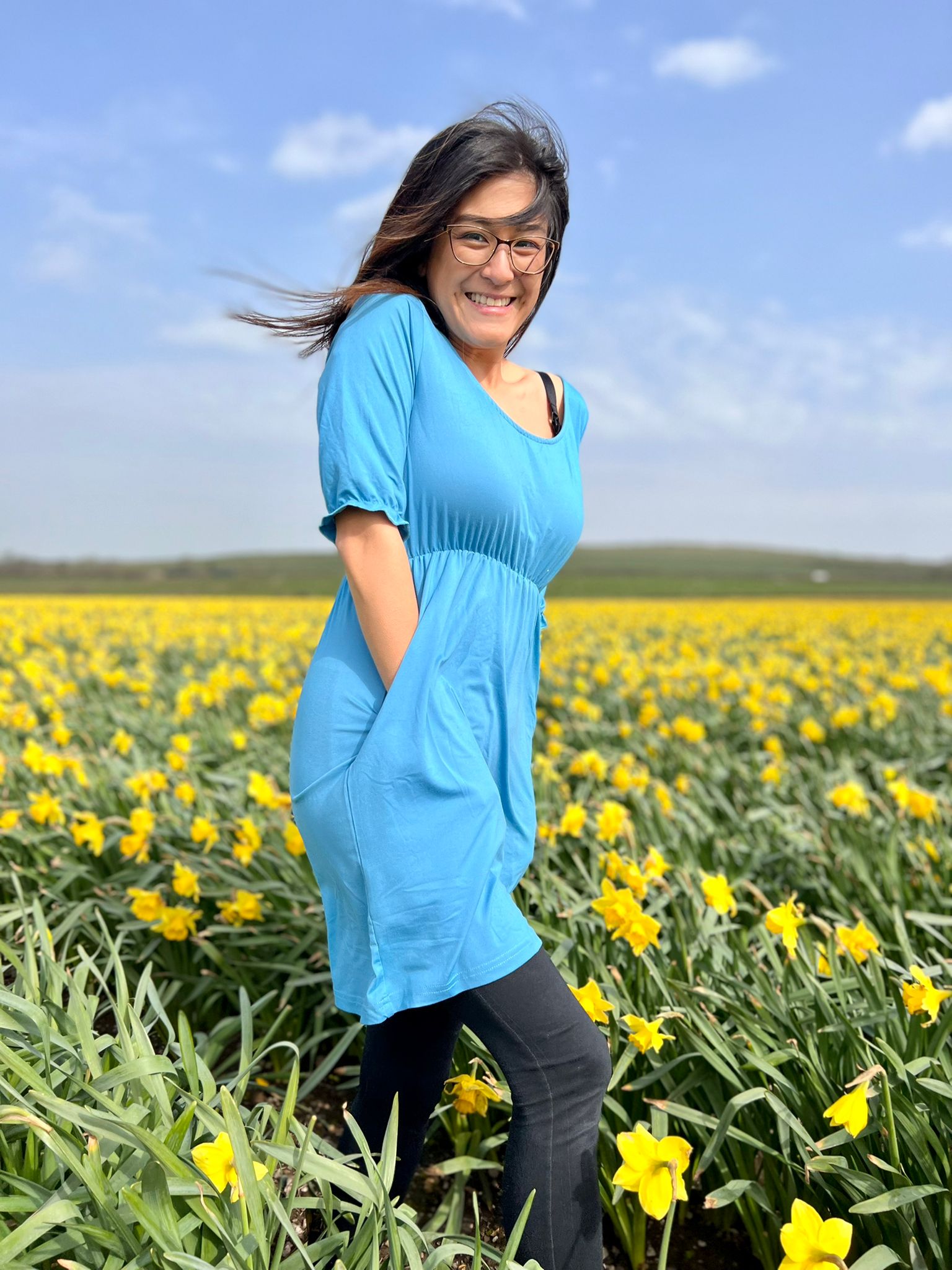 Blue Dress – Flattering Waist Fit with Pockets | Petite Dress